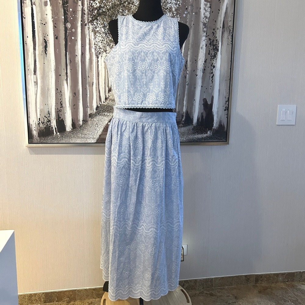 LOFT‎ Two Piece Blue White Floral Embroidered Scalloped Cotton Set NWT- Sz 10/12 - Picture 3 of 14